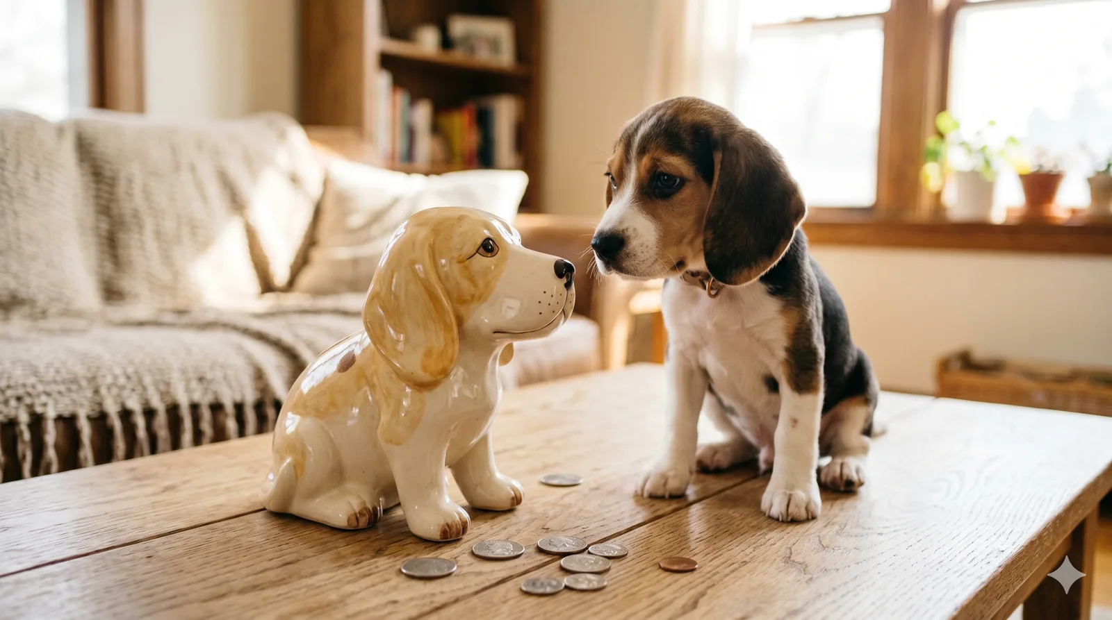 Beagle puppy and savings coins for pet insurance Beagle puppy looking at a ceramic dog figurine with coins on a table